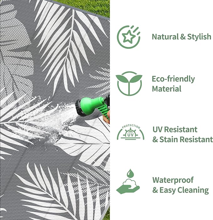 GENIMO Outdoor Rug 5' x 8' Waterproof for Patios Clearance, Reversible Plastic Straw Camping Carpet, Large Area Rugs Mats for RV, Picnic, Backyard, Deck, Balcony, Porch, Beach, Grey&White