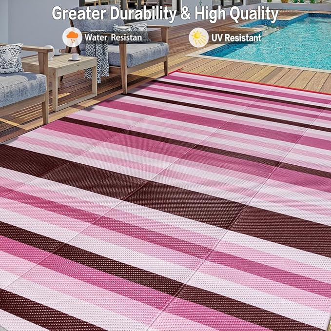 HUGEAR Outdoor Waterproof Rug 5'x8' Plastic Straw Rugs Washable Reversible Floor Mat Pink Stripe Carpet for Camping RV Deck Entryance Porch Picnic Balcony Beach Backyard