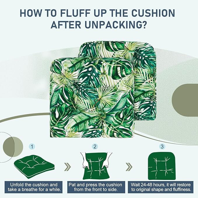 downluxe Outdoor Chair Cushions Set of 2 for Patio Furniture, Waterproof Tufted Overstuffed Patio Furniture Cushions, Thick Outdoor Seat Cushion, 19" X 19" X 5", Palm Leaves