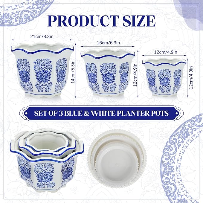 Set of 3 Blue and White Porcelain Flower Pots 7.2'' 6'' 4'' Decorative Chinoiserie Plant Pots with Drainage Hole Saucers Ceramic Planters for Indoor Garden(Classic Style)