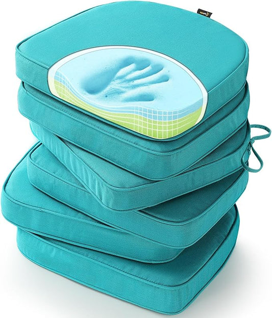 SUNROX Gel Memory Foam Chair Cushions, FadeShield Water-, Stain-Resistant Durable Reversible Seat Cushion Pads with Ties for Indoor/Outdoor Kitchen Dining Office 17"x16" Set of 6, Turquoise