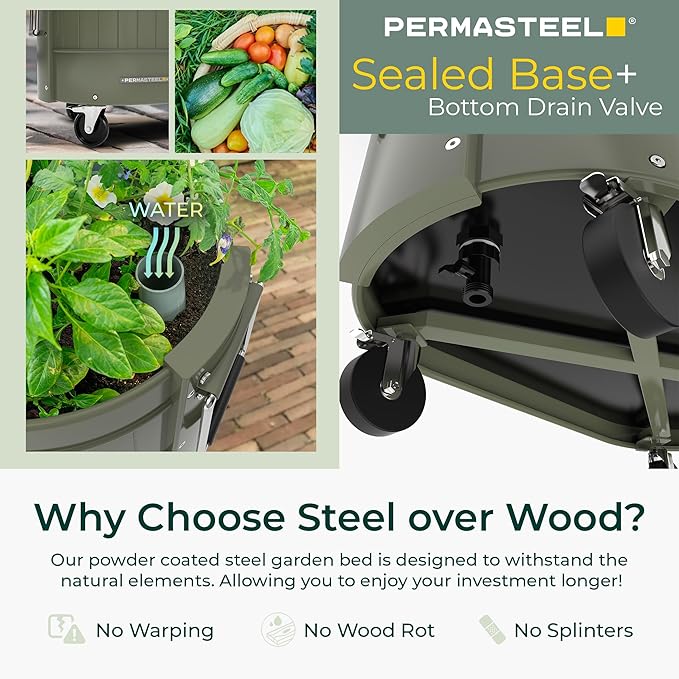Permasteel Self-Watering Garden Bed, Rolling Planter for Vegetables, Flowers, Herbs, and Fruit, Outdoor Indoor, Caster Wheels, Army Green