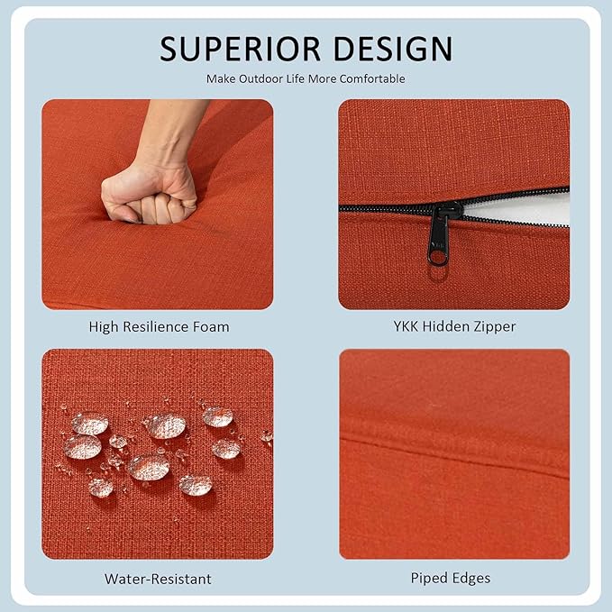 24x27.5 Inch Outdoor Deep Seat Cushions Set of 2,Thick High-Density Foam, Water-Resistant, Piped Edges & YKK Hidden Zipper for Patio Furniture,Quarry Red