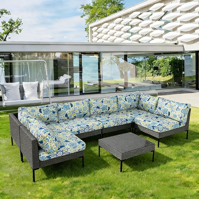 Patio Furniture Cushions,14Pieces Water-Resistant Outdoor Replacement Cushions,Sectional Sofa Cushions for Fits 6-Seats Rattan Wicker Patio Conversation Sets(Moroccan Style)
