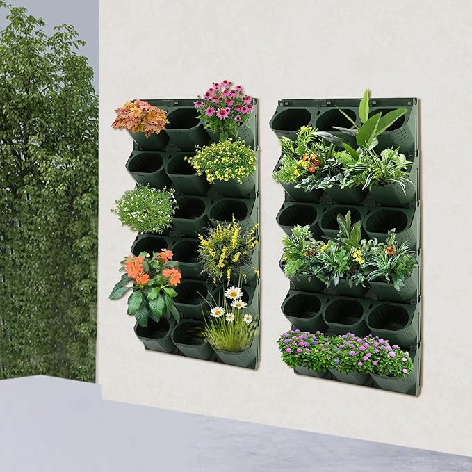 2 PCS Self-Watering Wall Planter, Wall-Mounted Vertical Garden Planter with 36 Pots for Indoor Outdoor Flowers Vegetables Herbs (Army Green)