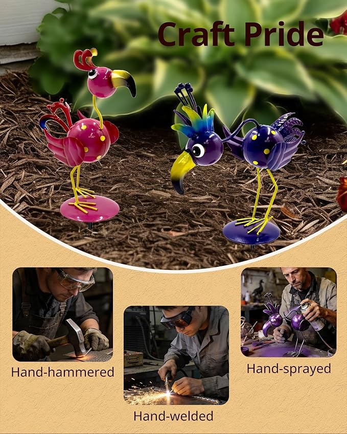 Metal Bird Statues for Outdoor Garden (with Round Base and Stake)(Weathering Resistant) 2 Pack Handcrafted Yard Bird Figurines Metal Art, Cute Lawn Ornaments Funny Decor Gift (Pink & Purple)