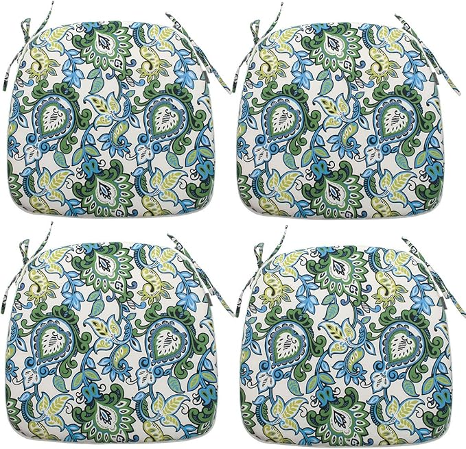 Magpie Fabrics Outdoor/Indoor 17"x16"x2" Chair Cushions with Ties Set of 4, Waterproof All Weather U-Shape Seat Pads Decoration for Patio Garden Furniture Home Office (Botanical Blue Green)