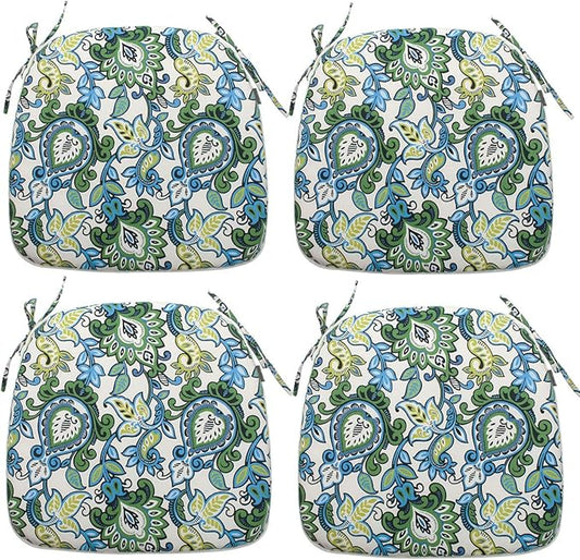Magpie Fabrics Outdoor/Indoor 17"x16"x2" Chair Cushions with Ties Set of 4, Waterproof All Weather U-Shape Seat Pads Decoration for Patio Garden Furniture Home Office (Botanical Blue Green)