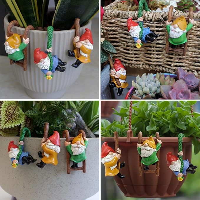 3PCS Cute Climbing Gnome Figurines Flower Pot Hugger, Resin Garden Gnomes Statue, Plant Decorations for Pots, Outdoor Decor Fence Ornaments for Patio Lawn Garden Yard (Multicolor)