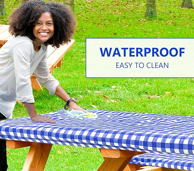 LINPRO 6ft Picnic Table Cover with Bench Covers Vinyl Fitted Picnic Table Covers with Elastic Camping Essentials and Picnic Tablecloth and RV Accessories