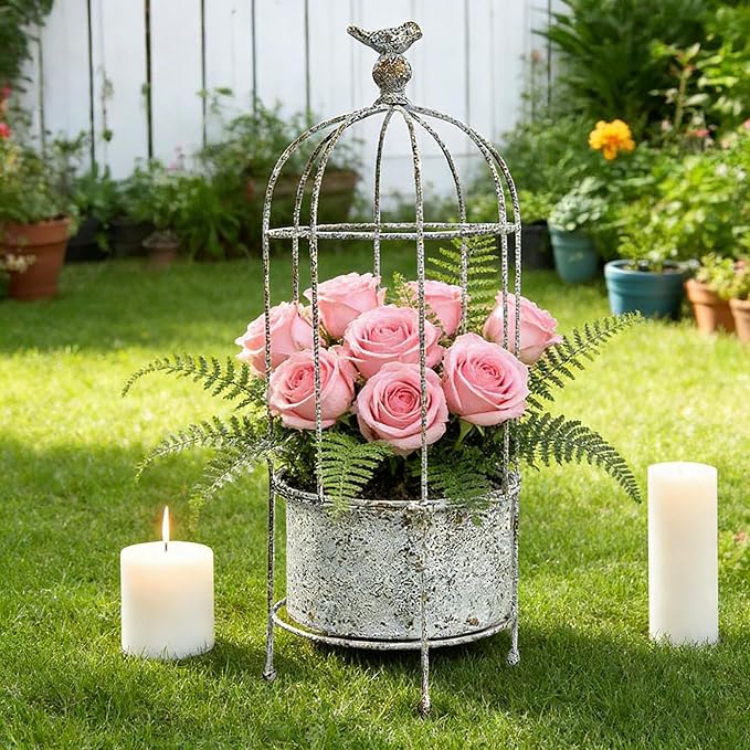 Rustic Iron Birdcage Planter Stand Vintage Metal Planter Holder Distressed Decorative Flower Pot with Latch Lock Closure for Climbing Plants Garden Patio Balcony Outdoor Indoor Decor (styel#2)