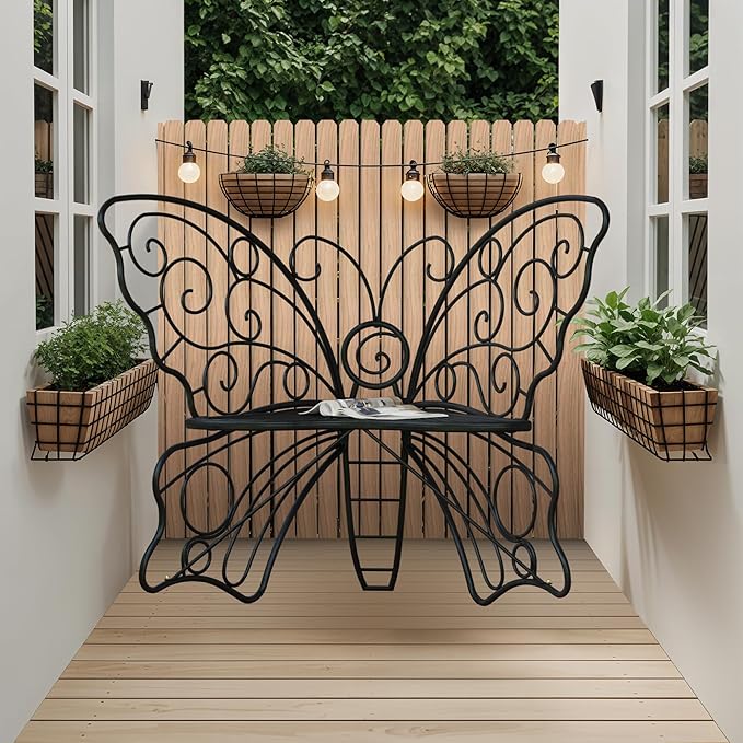 49 Inch Outdoor Bench, Black Garden Bench with Metal Frame, Weatherproof Butterfly Front Porch Benches for Lawn, Garden, Yard, Balcony