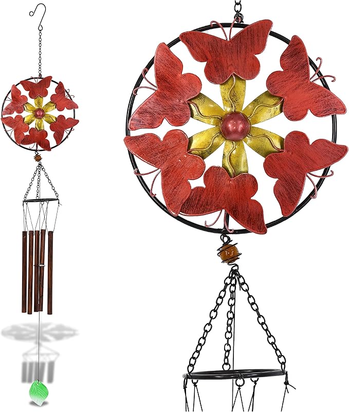 CoTa Global Red Butterflies Hanging Metal Wind Spinner Wind Chime - Relaxing Harmonic Indoor or Outdoor Wind Spinner for Yard, Garden, Porch Patio, Beautiful Unique Art Ornament Mobile - 40 Inches