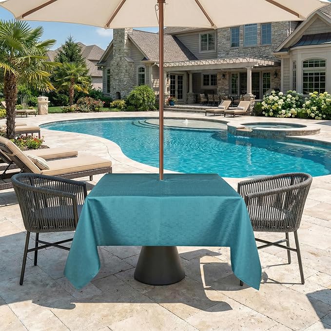 Outdoor Tablecloth Wrinkle-Free Stain Resistant Waterproof Polyester Fabric Table Cover with Zipper Umbrella Hole for Picnic/Party/Dinner/Patio Garden(60×60inch Square,Zippered,Teal)