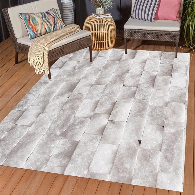 Natural White Rock Stone Outdoor Rug for Patio Deck Pool Balcony Garden Backyard Machine Washable Stone Print Outside Carpet 5x7 Foldable Easy Clean Waterproof Camping Rv Picnic Floor Carpets Mat