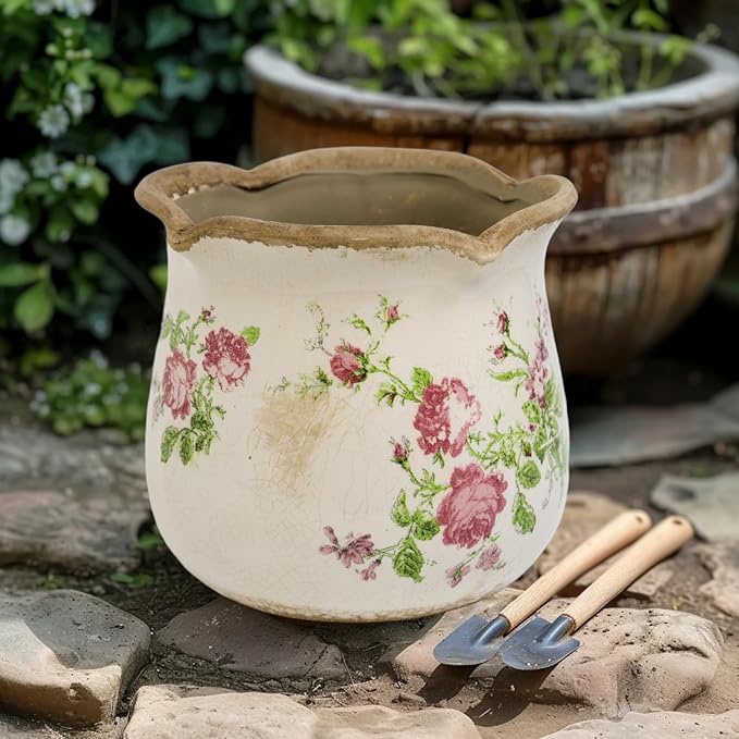 Rustic Ceramic Planter, 6 Inch Tuscan Vintage Flower Pot with Drainage, Farmhouse Garden Pot for Indoor Plants, Kitchen & Garden Tuscan Decor, Plant Lover Gift (Pink)