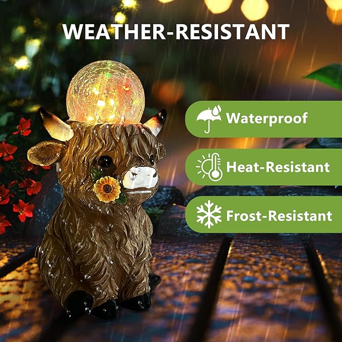 HONGLAND Solar Highland Cow Outdoor Garden Statues, Outside Decor with Color Changing Lights for Yard Lawn Ornaments Porch Patio Balcony Home Farmhouse, Birthday Gifts for Grandma Mom Women