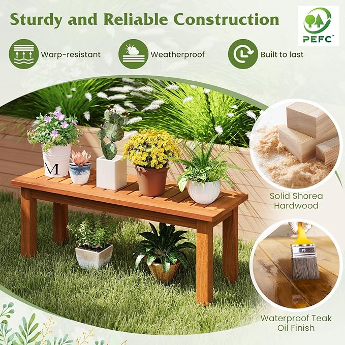 Plant Stand, Outdoor Wooden Planter Pot Holder with Teak Oil Finish & Slatted Top, Garden Planter Bench, Plant Display Rack for Porch, Backyard, Entryway (1, 34” x 12” x 13”)
