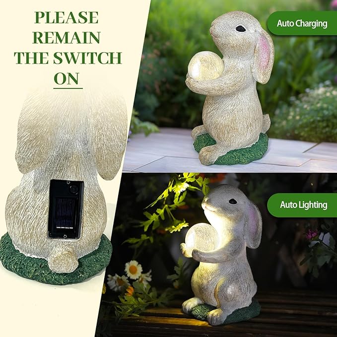 Solar Garden Statue Rabbit Outdoor Decor, Bunny Figurines with Solar Lights, Yard Decorations for Patio Balcony Yard Lawn Ornament - Unique Birthday Easter Housewarming Gifts for Women, Mom, Grandma