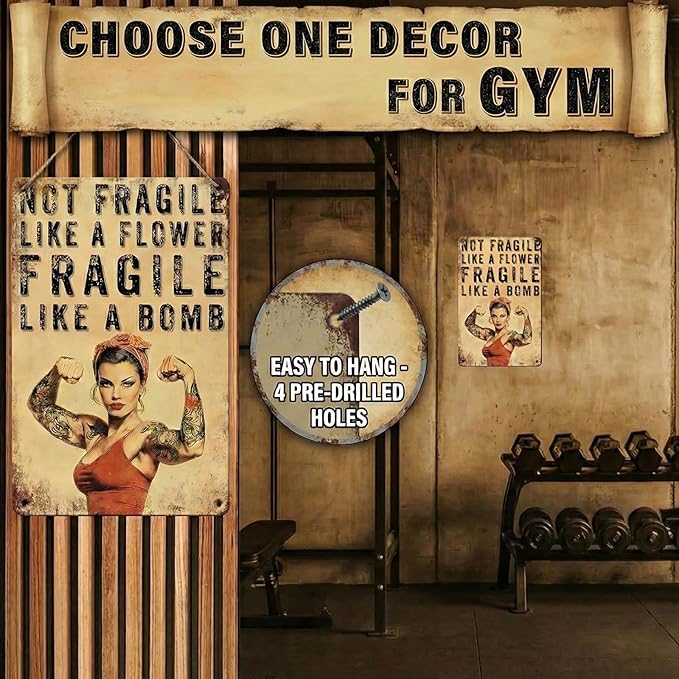 PEACHGARDEN Home Gym Decor Girl Gym Signs Not Fragile Like a Flower Fragile Like a Bomb Fitness Wall Decor Metal Tin Sign for Home Bar Pub 8x12 Inch