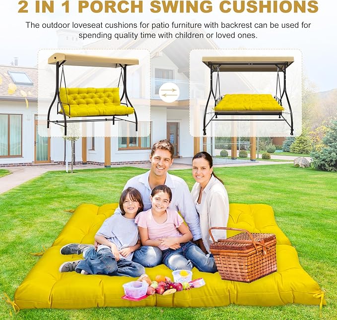60" Porch Swing Cushion with Backrest, Waterproof Outdoor Bench Swing Cushions 3 Seater Replacement Thickened Swing Cushions with Ties for Patio Garden Backyard,Yellow,60x40in