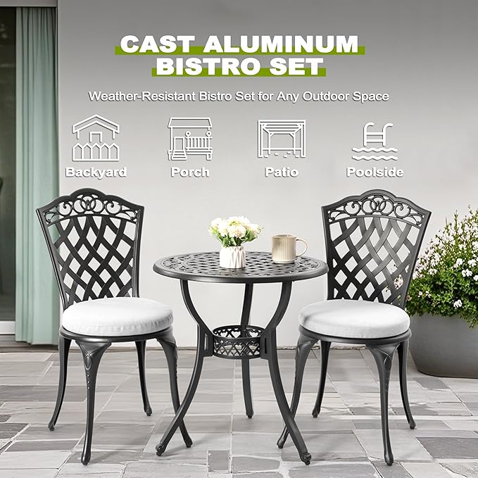 NUU GARDEN Patio Bistro Set 3 Piece, Outdoor Cast Aluminum Bistro Table and Chair Set of 2, Outdoor Patio Bistro Set with Gray Cushions and Umbrella Hole for Balcony, Garden, Lawn, Black