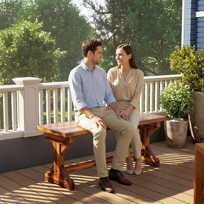 Outsunny Outdoor Wooden Bench, 2-Person Rustic Patio Garden Bench Seat, Backless Outdoor Loveseat with Farmhouse X-Shaped Base for Porch, Park, Lawn, Yard, Carbonized