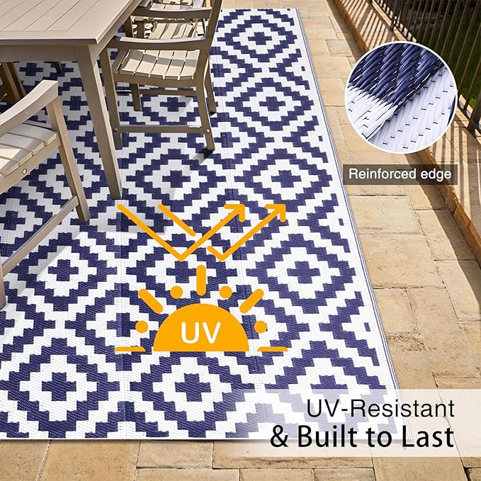 OLANLY Waterproof Outdoor Rug 5x8 ft, Outdoor Plastic Straw Rug for Camping, RV Mat Outside, Indoor Outdoor Carpet for Porch, Deck, Backyard, Balcony, Picnic, Navy & White