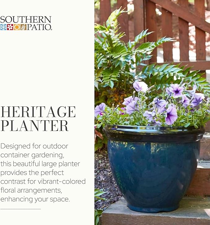 Southern Patio Heritage Planter, 12-Inch Outdoor Round Planter Pot, Light Resin Pot for Porch or Patio Use, Monaco Blue, (Size/Dimensions), 2 Pack