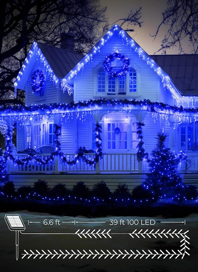 Brightown 100LED Solar String Lights Outdoor, Solar Powered Lights IP65 Waterproof for Party Garden Yard Home Holiday Tree Decoration Lighting (Blue, 100LED-1PACK)