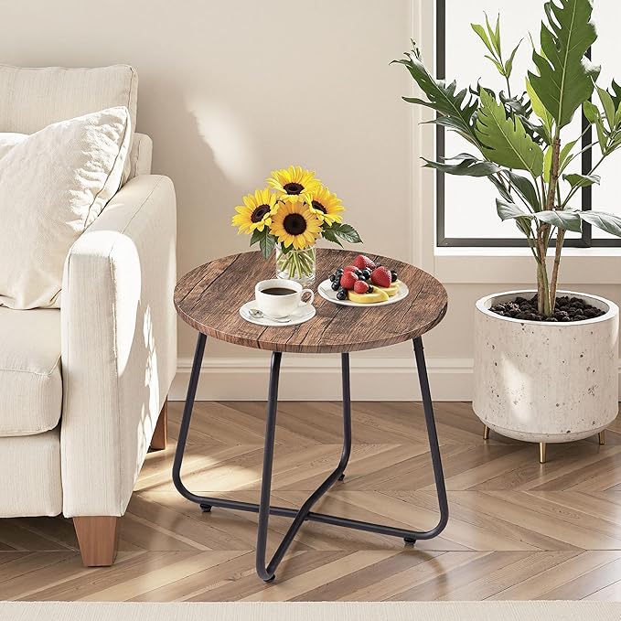 VECELO 17.7 inch Small Round Outdoor Side Table,Patio End Table,Waterproof Wood Table with Weather Resistant Steel Adjustable Feet for Living Room Bedroom Garden Yard Balcony Porch Poolside