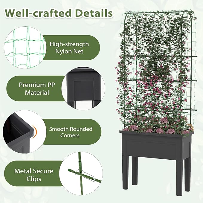 HAPPYGRILL 4-in-1 Raised Garden Bed with Climbing Trellis, Self-Watering Elevated Planter with Water Level Indicator, Drainage Hole, Outdoor Plastic Planter Box with 4 Detachable Legs for Garden Lawn