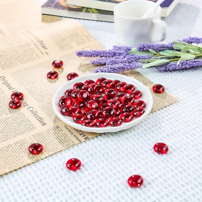 CYS EXCEL Red Glass Gemstone Beads Vase Fillers (2 LBS) Flat Marble Beads Multiple Color Choices Aquarium Decor Rocks Floral Stones Decorative Mosaic Glass Gem Pebbles