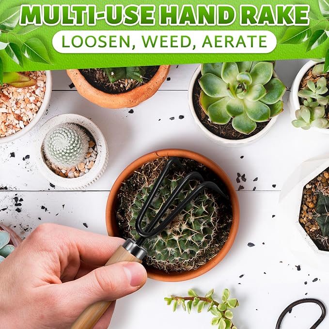 3 Pcs Small Garden Tools for Gardening – Planting Tools Set with Mini Shovel, Ergonomic Hand Rake, Rustproof Metal Build & Solid Wood Handle – Shovels for Digging, Balcony Pots & Indoor Plant Care