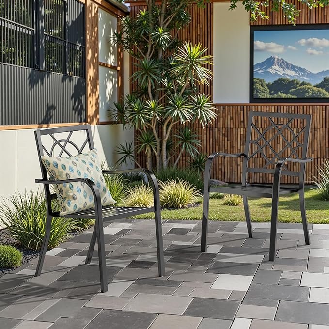 Wrought Iron Patio Outdoor Dining Chairs, 300 lbs Portable Black Outdoor Patio Chairs Set of 2, Stackable Metal Chairs for Garden Backyard Lawn