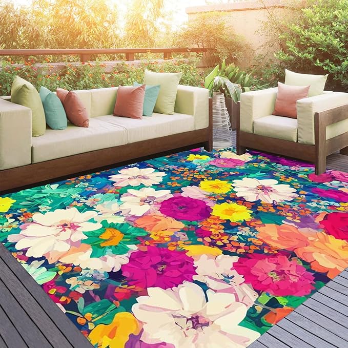 Modern Floral 8x10 Outdoor Area Rug Contemporary Aesthetic Green Pink Flower Texture Rug for Balcony Patio Deck Porch Washable Reversible Garden Large Carpet Waterproof Backyard Mat