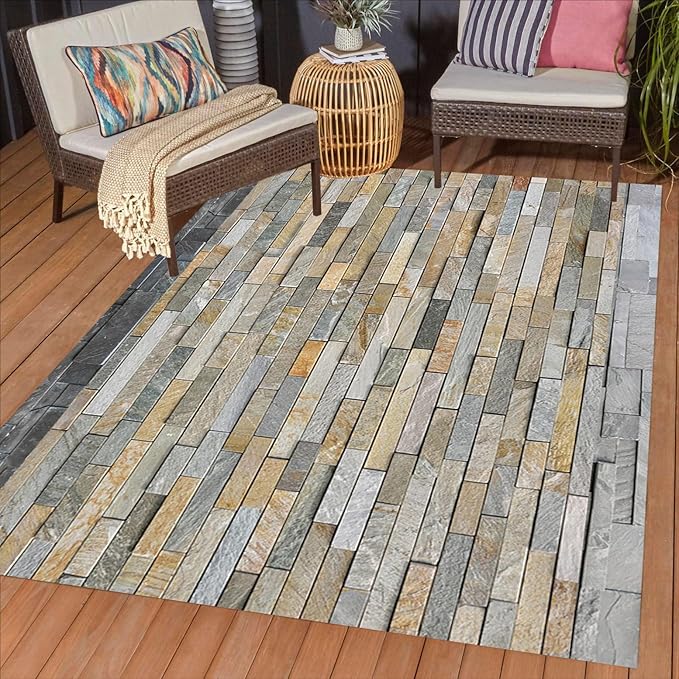 3D Visual Beige Brown Gray Stone Brick Outdoor Rug 4x6 Modern Abstract Wall Tiles Print Waterproof Outdoor Rug for Courtyard Pool Patio Deck Garden Balcony Porch Rustic Non Skid Thin Outside Mat