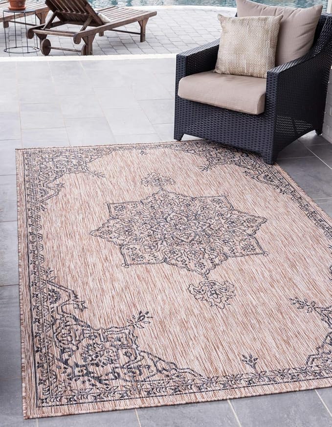 Unique Loom Outdoor Traditional Collection Area Rug - Antique (8' x 11' 4" Rectangle, Beige/ Black)