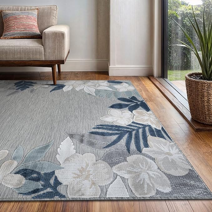 Outdoor Rug 10x14 Washable Area Rugs Indoor Outdoor Carpets Blue Border Floral Non Shedding Waterproof Easy Clean Patio Deck Porch Living Room Bedroom Garden RV (10 X 14 Blue)