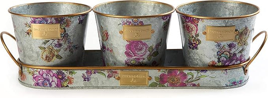 MACKENZIE-CHILDS Galvanized Herb Pots with Tray, Metal Herb Planters, Set of 3, Flower Market