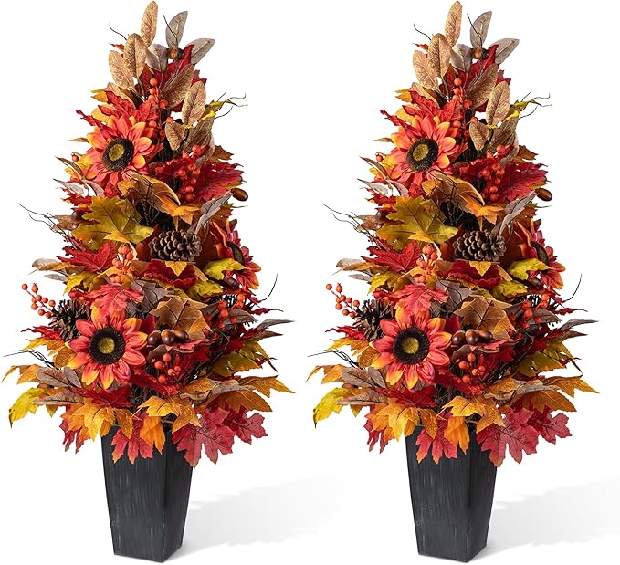 Glitzhome 2 PCS 36”H Fall Porch Tree, Harvest Artificial Porch Tree with Sunflower, Pinecone and Berry Porch & Black Planter, for Autumn Fall Harvest Thanksgiving Christmas Decoration