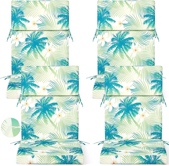 4 Pack Outdoor High Back Chair Cushion, 44 x 20 inches Patio Chair Cushions Waterproof Rocking Cushions Indoor Furniture Seat Pad, Weather Resistant (Palm Tree,Green)