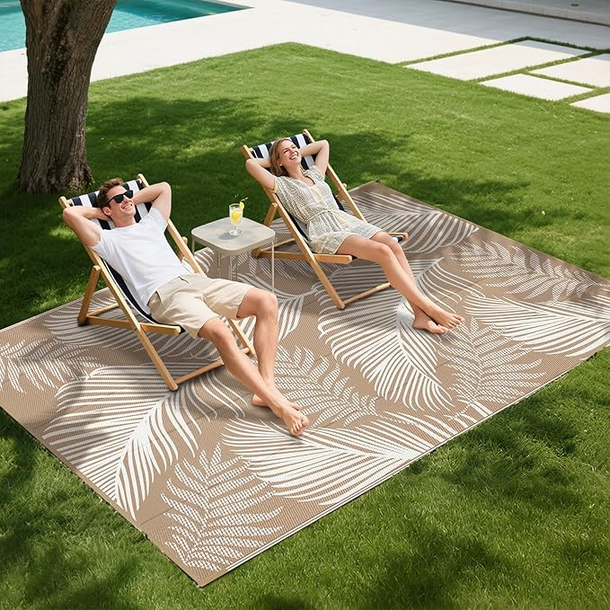 Pauwer Waterproof Outdoor Rug 6x9, Reversible Plastic Straw Patio Camping Rug, Indoor Outdoor RV Mat Carpet for Deck, Camper, Porch, Balcony, Backyard, Picnic, Leaf Brown
