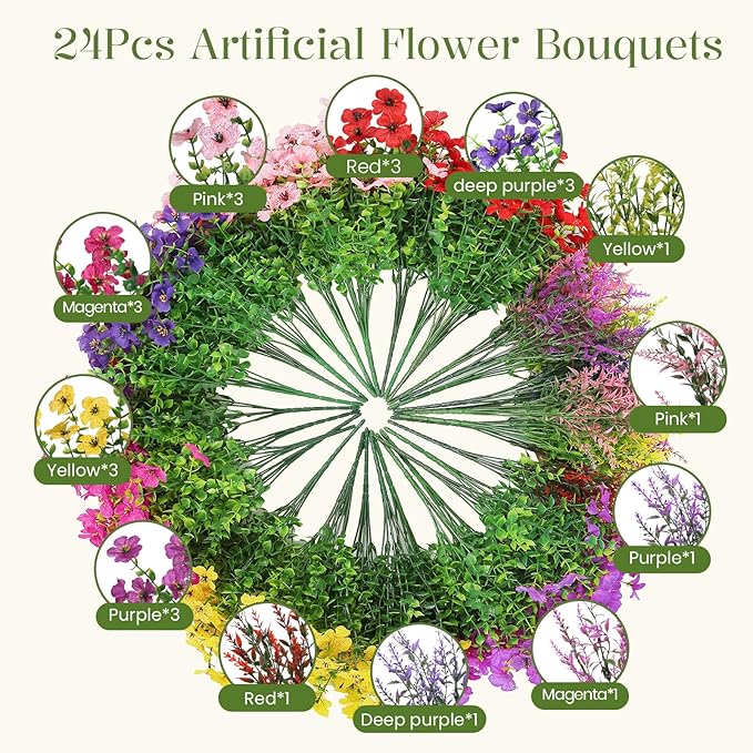 SHareconn 24 Bundles Artificial Flowers for Outdoors Decoration, Faux Plants Fake Silk Colorful Daisy Eucalyptus Lavender, UV Resistant for Outside Home Porch Indoor Spring Decor, 6 Colors incl. Red