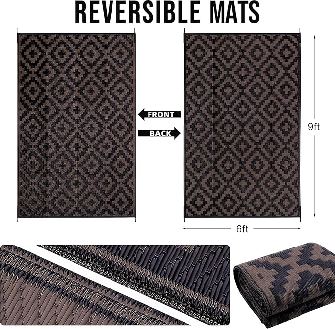 OLANLY Waterproof Outdoor Rug 6x9 ft, Outdoor Plastic Straw Rug for Camping, RV Mat Outside, Outdoor Carpet for Porch, Deck, Backyard, Balcony, Picnic, Black & Brown