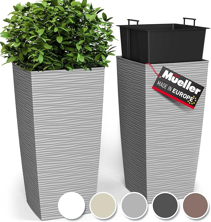 Mueller Janska M-Resin Heavy Duty Tall Planter, Indoor/Outdoor Grande Plant, Tree, Flower Pot, 2-Piece Set, 27.5”, Modern Design, Built-in Drainage, Light Grey