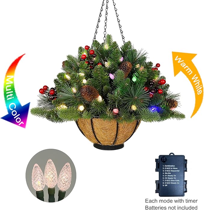 18 Inches Pre-lit Artificial Christmas Hanging Basket with Red Berries, Pine Cones,40 C3 Dual-Color Multi-Functional Battery Operated LED Lights with Timer