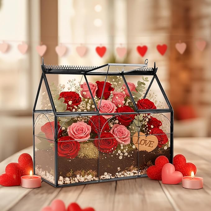 D'Eco Glass Greenhouse Centerpiece (10x4.5x9) - Valentine's Day Home Decor - Tabletop Geometric Planter Terrarium - Fill with Succulents, Moss, Roses, Chocolates - Valentines Gift for Plant Lovers