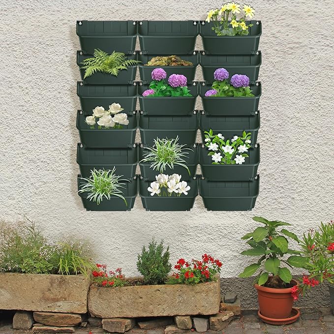 Eapmic Vertical Wall Planter with 18 Pots, Hanging Garden Plant Flowerpot Holder, Stackable Wall-Mounted Planter, Balcony Planters for Flowers Vegetables Fruits (Dark Green, 18 Pots)