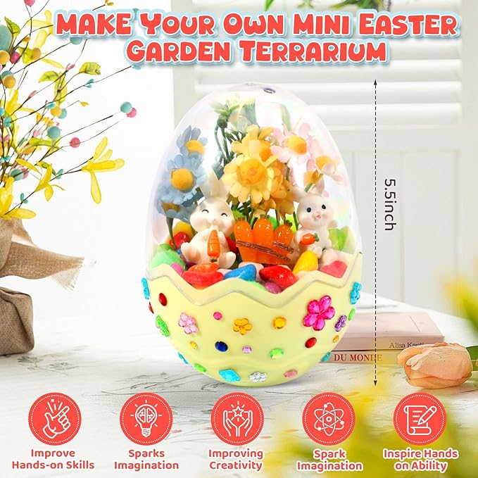 Easter Bunny Terrarium Kit for Kids, Mini Flower Garden Arts & Crafts, Easter Basket Stuffers, Rabbit Gardening Gift for Boys and Girls Ages 4-12